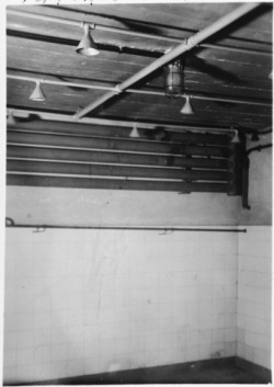Inside one of the Gas Chambers at Mauthausen. The original text reads: &ldquo;This is the gas chamber, note how it looks like a shower room.&rdquo; The Nazis went to great pains to keep up the deception that the Jews were being &ldquo;resettled&rdquo;
