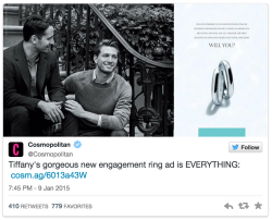 groudon:  gaywrites:  For the first time ever, Tiffany &amp; Co. is featuring a same-sex couple in an engagement ad campaign. Even better: they aren’t models, but a real-life gay couple from New York. Forget blue boxes; make mine rainbow. (via Elle)