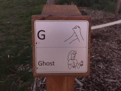 catbountry:  freelancefailure:  Not sure why this park thought the first two sign language words they needed to teach to kids were “Ghost” and “Run”  Oh, I think you know why.