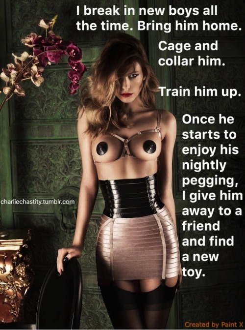 I break in new boys all the time. Bring him home.Cage and collar him.Train him up.Once he starts to enjoy his nightly pegging, I give him away to a friend and find a new toy.