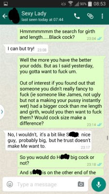 hotwifesextext:  4 of 4  This is a WhatsApp conversation between my woman, who has a regular fuck buddy, and myself.   We gave a game we play, where she gets a points target and challenges, to do by the end of the year. Various points are given for differ