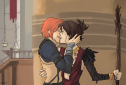 mortiphasm:  while everyone makes sad headcanons about Leliana, i will continue to draw her kissin Morrigan