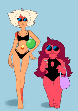 dopal: famethyst &amp; co would LOVE the beach. can someone with better drawing skills than me draw a huge bbq involving every single one of them or something  anyway heres these two rocking their earth swimsuit attire. ill probably end up drawing all