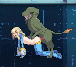 Cute and sexy blonde hentai slut getting fucked by a green alien monster cock doggy style from the animated hentai game Soul of Forgery.