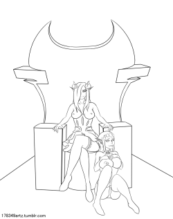 The line art for the throne request is done :)The succubus is an old OC of mine and is named Annie.But the elf princess is new. She is basically a Zelda knock off, and is a wielder of the Four Force. She even have Her own hero of time, sadly He is