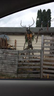 tyrantisterror:  destructiontheory:  sixpenceee:  “A house I pass on the way to work has this sculpture in its yard. Its about 8 feet tall.”(Source)  Seems friendly, at least.   “Hello woodsman.  Tell me… where did those two children go?”