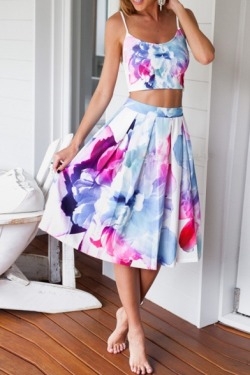 lovelyandfashionblog:   Floral Print Crop Camis with Midi Skirt   High Low Two Pieces Floral Print Maxi Dresses   Navy Floral Print Crop Top with Hot Pants   Floral Crew Neck Crop Tops &amp; Pleated Shorts Co-ords   Stripe Print Halter Crop Top with Loose