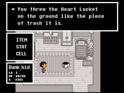 diamondtiarafan:  So, I was doing a pacifist run, I realized temy armor was 20 DF and  the locket was 15 DF. I thought it’d be better to get healing items, and dropped it. This was the result.. 