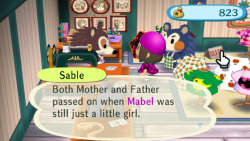 bradofarrell:  Oh man, all these people are playing Animal Crossing New Leaf and it’s their first Animal Crossing game ever and they’re totally missing out on some poignant story elements. In each game you can talk to Sable every day and she’ll