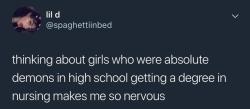 tasteslikecoconutandmetal:  commandtower-solring-go:  whitepeopletwitter: Can I please get a new nurse?  how is this a universal experience?  male high school bullies: become cops female high school bullies: become nurses 