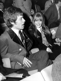 faithfullforever:  Mick Jagger and Marianne Faithfull at the film premiere of “La Grande Sauterelle” / January 10th, 1967 by Giovanni Coruzzi This photo predates the portraits of Mick and Marianne taken by Dezo Hoffmann in San Remo, Italy about a