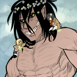 erenwerbenjaegermanjensen:  i wanted to draw titan eren but then armin and mikasa and flowers showed up 