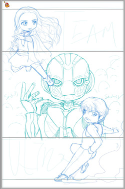 eikuuhyoart:  The Team Ultron print is coming along pretty well!! I’m actually pretty happy with how chibi-Ultron came out in this OwOStill need to draw in all the Ultron Sentries in the background (might make them in to black sillhouetes…), but I