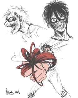 feriowind:  is this still spoilery? anyways, some stuff of eren transforming i have a hard time imagining how everything erupts from the wound he makes on his hand, especially when it’s bone and it’s still supposed to envelope him….  so instead