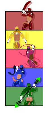 headingsouthart:  Mighty Morphin Power Bottoms heres some gay, sex toy wielding power rangers. not from any existing characters, totally original. please do not edit, or separate the image in any way. thanks