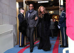 gettyimages:  Barack Obama Sworn In As U.S. President For A Second Term Recording artists Jay-Z and Beyonce arrive at the presidential inauguration on the West Front of the U.S. Capitol January 21, 2013 in Washington, DC. Barack Obama was re-elected for