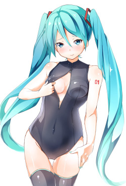 afsen90:  Safebooru - Anime picture search engine! - 1girl absurdres aqua eyes aqua hair blush center opening covered navel front zipper swimsuit hatsune miku highres long hair looking at viewer nail polish shizuka (deatennsi) simple background solo tatto