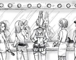 genies:  keavisthename:  wrath-t0-the-industry:  i love this picture! just look at it. all of these girls are doing their makeup or brushing their hair in the mirror trying to look acceptable for society, and then this one girl in the middle with the
