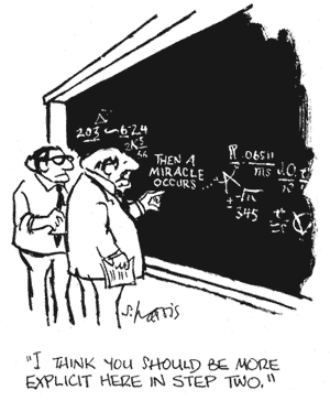 cartoon showing a complex equation on a chalkboard with 'then a miracle occurs' in the middle