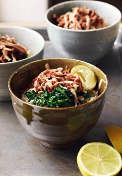 intensefoodcravings:  Pulled Pork and Greens Rice Bowl with Chipotle Yoghurt Sauce | Milk and Honey