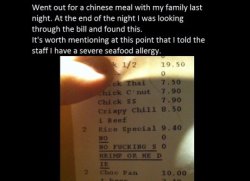 idealfry: arocketumbler:  NO. NO FUCKING SHRIMP OR HE DIE.  This is what I’d call a responsible restaurant service. Well done. 