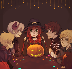 she&rsquo;s telling spoopy stories or something 8&rsquo;) I couldn&rsquo;t fit everyone I wanted in the picture hhh  oh well I hope you guys are having a fun Halloween!!