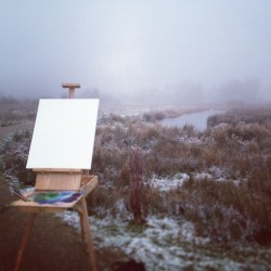 purplemorals:  Winter day in the marsh: Plein Air in the snow. With temperatures at a comfortable -5 C, I went out armed with a canvas and a load of coffee. With freezing fingers, I hasted to capture the foggy atmosphere in the marsh. Now I’m safe