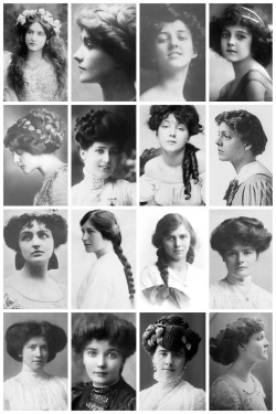 thevintagethimble:  Edwardian HairstylesA collection of Edwardian photographs, depicting some of the hairstyles of the time, like the Low Pompadour. Hatpin Hairstyle. Side-Swirls. Flapper (The title ‘Flapper’ originally referred to teenage girls who