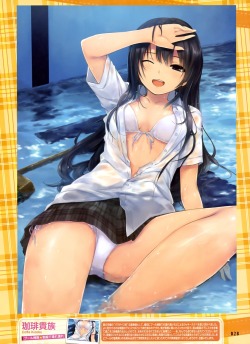 yatsuhashi:  bra cleavage coffee-kizoku dress shirt open shirt pantsu see through seifuku string panties wet wet clothes | yande.re