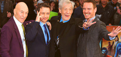 cleanxfamous-blog-blog:  LONDON, ENGLAND - MAY 12: (L-R) Actors Sir Patrick Stewart, James McAvoy, Sir Ian McKellen and Michael Fassbender attend the UK Premiere of ‘X-Men: Days of Future Past’ at Odeon Leicester Square on May 12, 2014 in London,