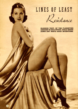 burleskateer:  Eleanor Troy (aka. Elinor Troy) appears in the pages of the April 1942 issue of ‘SHOW’ magazine..  She was famously featured in a publicity stunt with fellow dancer Sugar Geise; at the aforementioned ‘Florentine Gardens’ nightclub,