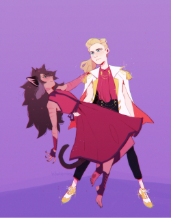 hawberries:  swap [alt: a drawing of catra and adora dancing; adora is dipping catra, who is wearing a red, sleeveless buttoned dress, and a self-satisfied expression. adora is wearing a red blouse, black pants and white oxfords, and a white cape jacket
