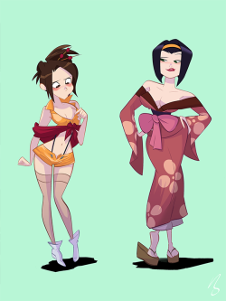 rudeboy308:  grimphantom2:  cheesecakes-by-lynx:  Commission for redraider91 featuring a costume swap with Faye Valentine and Fuu.  Who wears which better?  I’m surprise Faye fitted on Fuu’s outfit….. XD  Fuu wears Faye’s outfit pretty well,