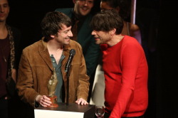 hotelquebec:  Graham Coxon and Alex James of Blur collect the award for Best Re-Issue for ‘21’ at the NME Awards 2013 at the Troxy on February 27, 2013 in London, England. 