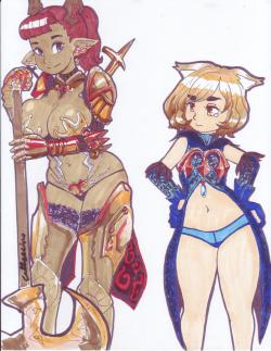 caffeccino:  Marker drawing of Elin Cappuccino and Castanic Emma! Yay! I love Tera Online, but I will probably never have the time to play it again v.v  More marker drawings in the future! 