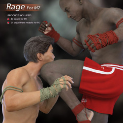 Remember how we just said Halycone’s new Rage Pose set for M4 was available? WELL, now it’s available for Michael 7 also! Realistic Fighting Poses for M7/M7 with morphs for facial and body impacts. Again you get 40 poses for M7, 21 adjust Morphs for