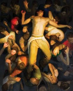 ultrawolvesunderthefullmoon:  Bryan Leboeuf, “Mosh Pit”, Oil on Linen, 2003 Bryan Leboeuf’s painting, Mosh Pit, depicts a crowded expanse of bodies and limbs viewed from above, on top of which a man is suspended, held by the people below. While