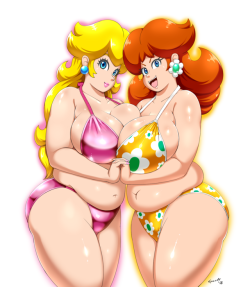 speedyssketchbook: Plump Princess Swimwear. :D   Had the urge to do some plump/chubby Princess Peach and Daisy one day, then ended up cleaning it and giving it some color.  Enjoy!  I posted a bit of a process on my patreon for this piece, so if you wanna