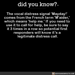 did-you-kno:  The vocal distress signal ‘Mayday!’  comes from the French term ’M'aider,’  which means &lsquo;help me.’ If you need to  use it to call for help, be sure to say  it 3 times in a row so potential first  responders will know it’s
