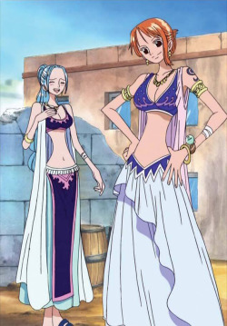onepieceultimate: Nami and Vivi in their their Alabasta dancer outfits.