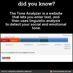 boycrazypatriarchyhater:  supergirlisms:  cognitivevariance:  did-you-kno:  The Tone Analyzer is a website that lets you enter text, and then uses linguistic analysis to detect your social and emotional tone.Now you guys can sound nicer when you send