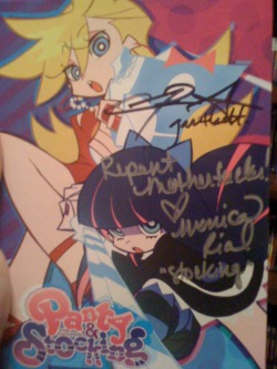 Got my copy of Panty and Stocking signed by two awesome voice actors, Christopher R. Sabat AND Monica Rial when I went to Daishocon this weekend! Had a very good time there, and I&rsquo;m looking forward to next year! :D
