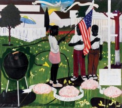 Bang, 1994Kerry James MarshallAcrylic and oil on unstretched canvasBang depicts three African American children standing in a backyard as the sun sets over a residential neighborhood, complete with picket fences. An idealized scene of the Fourth of the