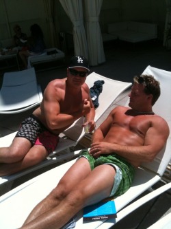 rwfan11:  Chris Jericho- poolside with a friend. If I were the server, this is one of those times to ‘accidentally’ spill the drink on his lap! … This probably one of my FAVORITE Jericho pics (outside his pantsed photos) LOOK AT THAT BULGE!!!….now
