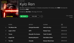 raffleupagus:  princessleiaa:  can we talk about how the Official Star Wars Spotify released this emo ass playlist  A lot of these are incredible. Vader is all old-school metal. Boba Fett is great too Qui-gon is super into prog, which is great and totally