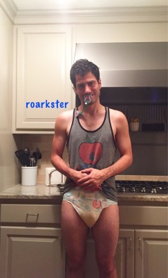 roarkster:  Okay baby now that you’re up why don’t you show me what you’re going to cook daddy for breakfast. Yes I’m sure your diaper won’t leak yet at least. Yeah I know Tumblr wants to see your nature diaper pics but it’s too wet outside