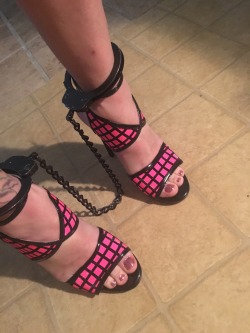 Legs shaved silky smooth  Shy high fuck me heels on  Doesn&rsquo;t look it but 6 inch heels  So hard to walk in but I love it  Toes painted with pink glitter and 2 coats of gloss  Legs locked in cuffs  This is how I&rsquo;m spending the rest of the day