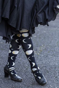 sockdreams: Dark Moon Rises Knee High | Peony &amp; Moss   Dark moon to bright moon, all the phases and faces of the moon turn as they orbit your legs, from toes to striped cuffs. It’s like dipping your legs into time, still stepping brightly as the