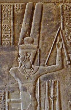amntenofre:    the God Min, ithyphallic and wearing the Solar disk with the two feathers.  Temple of Neith and Khnum at ‘Iunyt’ (Esna),detail from the south wall of the Hypostyle Hall (third register)  