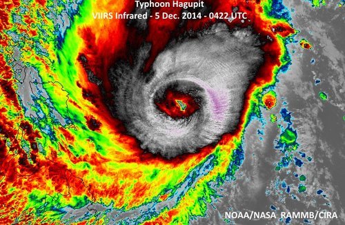 Hagupit looking more ragged as it approaches the Philippines after the eye wall replacement, however the bigger eye signifies a larger wind field. (Source: NOAA)